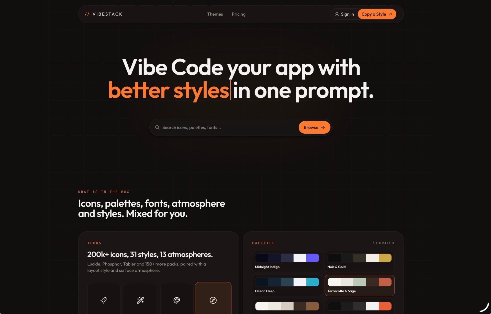 VibeStack — Icons, palettes, fonts and themes for vibe coders